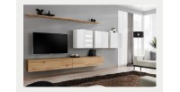 Ensemble meuble salon SWITCH VII design, coloris chêne Wotan et blanc brillant.