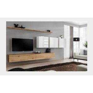 Ensemble meuble salon SWITCH VII design, coloris chêne Wotan et blanc brillant.