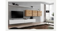 Ensemble meuble salon SWITCH VII design, coloris blanc brillant et chêne Wotan.