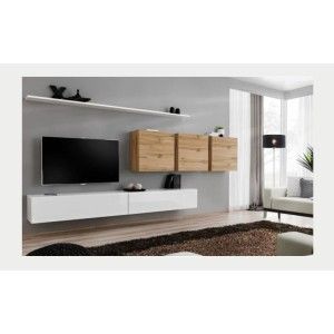 Ensemble meuble salon SWITCH VII design, coloris blanc brillant et chêne Wotan.