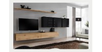 Ensemble meuble salon SWITCH VII design, coloris chêne Wotan et noir brillant.