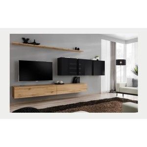 Ensemble meuble salon SWITCH VII design, coloris chêne Wotan et noir brillant.