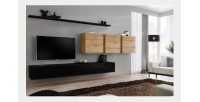 Ensemble meuble salon SWITCH VII design, coloris noir brillant et chêne Wotan.