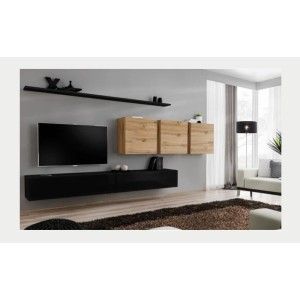 Ensemble meuble salon SWITCH VII design, coloris noir brillant et chêne Wotan.