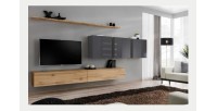 Ensemble meuble salon SWITCH VII design, coloris chêne Wotan et gris brillant.