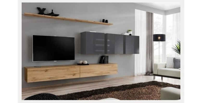 Ensemble meuble salon SWITCH VII design, coloris chêne Wotan et gris brillant.