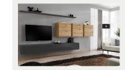 Ensemble meuble salon mural SWITCH VII design, coloris gris brillant et chêne Wotan.