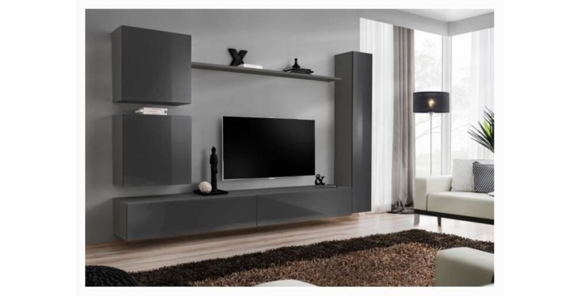 Ensemble meuble salon mural SWITCH VIII. Meuble TV mural design, coloris gris brillant.