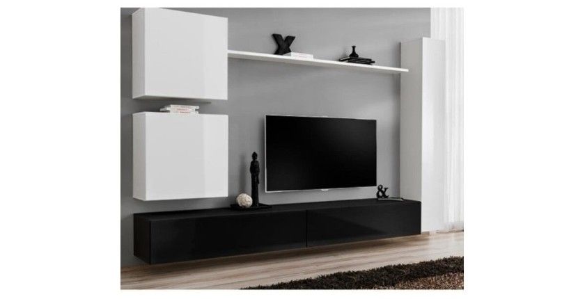 Ensemble meuble salon mural SWITCH VIII. Meuble TV mural design, coloris noir et blanc brillant.