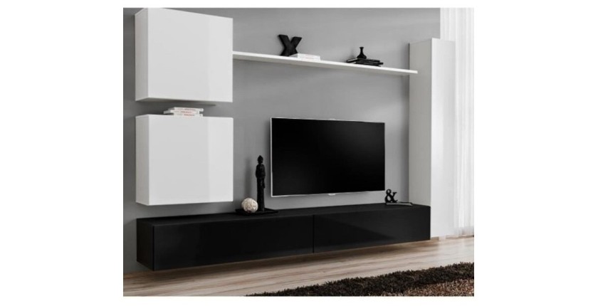 Ensemble meuble salon mural SWITCH VIII. Meuble TV mural design, coloris noir et blanc brillant.