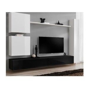 Ensemble meuble salon mural SWITCH VIII. Meuble TV mural design, coloris noir et blanc brillant.
