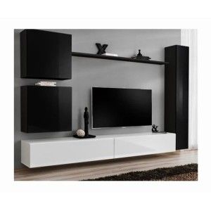 Ensemble meuble salon mural SWITCH VIII.Meuble TV mural design, coloris blanc et noir brillant.