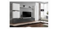 Ensemble meuble salon mural SWITCH VIII. Meuble TV mural design, coloris blanc et gris brillant.