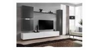 Ensemble de meuble pour salon mural SWITCH VIII. Meuble TV mural design, coloris blanc et gris brillant.