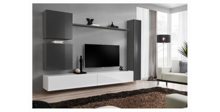Ensemble de meuble pour salon mural SWITCH VIII. Meuble TV mural design, coloris blanc et gris brillant.