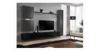 Ensemble de meuble pour salon mural SWITCH VIII. Meuble TV mural design, coloris noir et gris brillant.