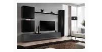 Ensemble meuble salon mural SWITCH VIII design, coloris gris et noir brillant.