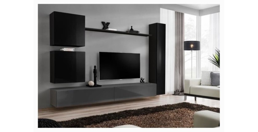 Ensemble meuble salon mural SWITCH VIII design, coloris gris et noir brillant.
