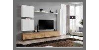 Ensemble meuble salon mural SWITCH VIII. Meuble TV mural design, coloris chêne Wotan et blanc brillant.