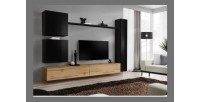 Ensemble meuble pour salon, mural, SWITCH VIII.Meuble TV mural design, coloris chêne Wotan et noir brillant.