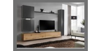 Ensemble de  meuble pour votre salon SWITCH VIII.Meuble TV mural design, coloris chêne Wotan et gris brillant.