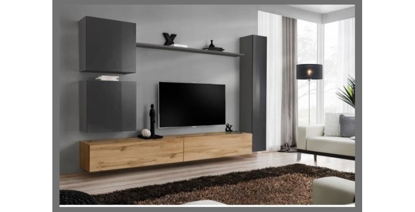 Ensemble de  meuble pour votre salon SWITCH VIII.Meuble TV mural design, coloris chêne Wotan et gris brillant.