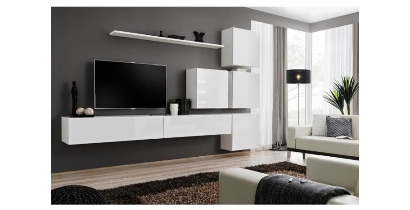 Ensemble meuble salon mural SWITCH IX design, coloris blanc brillant.
