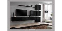 Ensemble meuble salon mural SWITCH IX design, coloris noir brillant.