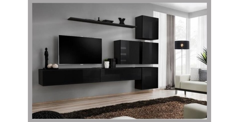 Ensemble meuble salon mural SWITCH IX design, coloris noir brillant.
