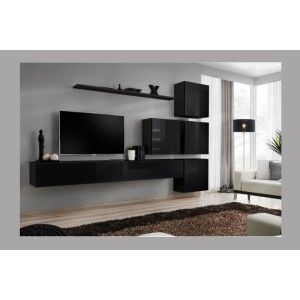 Ensemble meuble salon mural SWITCH IX design, coloris noir brillant.
