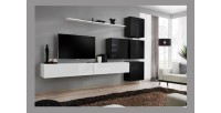 Ensemble meuble salon mural SWITCH IX design, coloris blanc et noir brillant.