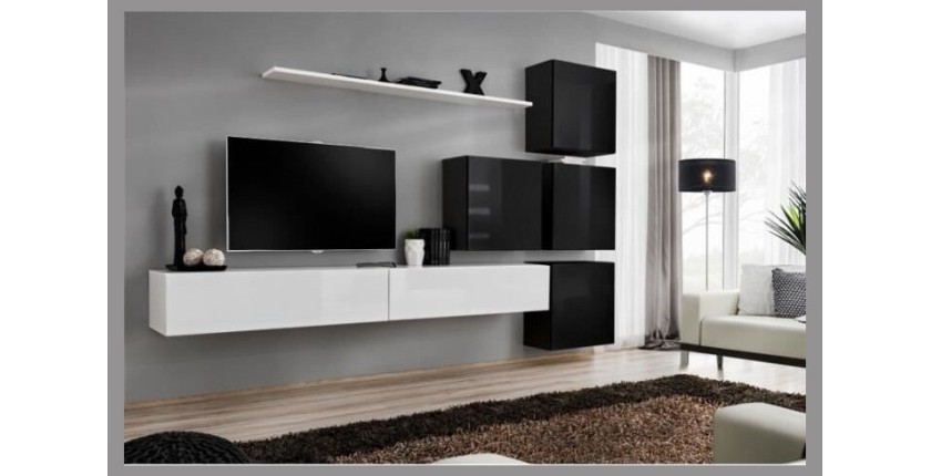 Ensemble meuble salon mural SWITCH IX design, coloris blanc et noir brillant.
