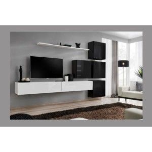 Ensemble meuble salon mural SWITCH IX design, coloris blanc et noir brillant.