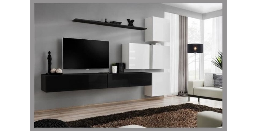 Ensemble meuble salon mural SWITCH IX design, coloris noir et blanc brillant.