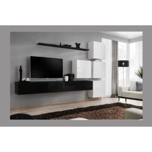 Ensemble meuble salon mural SWITCH IX design, coloris noir et blanc brillant.