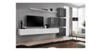 Ensemble meuble salon mural SWITCH IX design, coloris blanc et gris brillant.