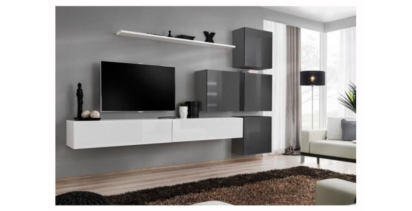 Ensemble meuble salon mural SWITCH IX design, coloris blanc et gris brillant.