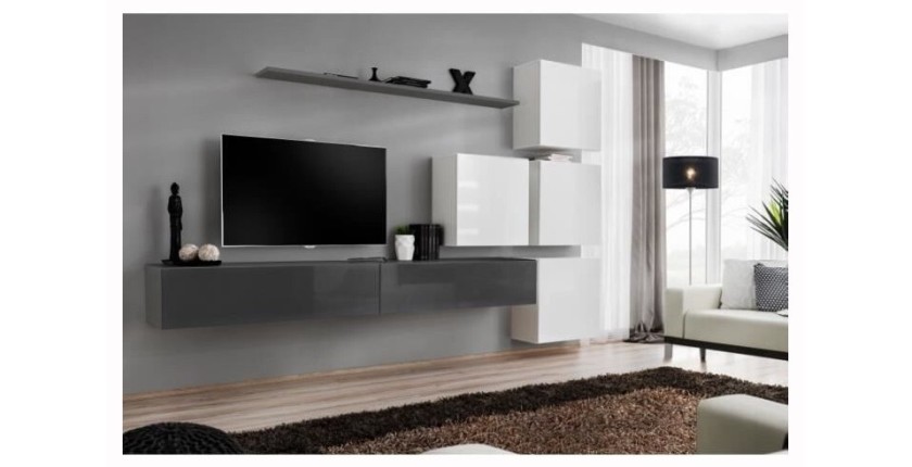 Ensemble meuble salon mural SWITCH IX design, coloris gris et blanc brillant.