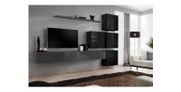 Ensemble meuble salon mural SWITCH IX design, coloris gris et noir brillant.