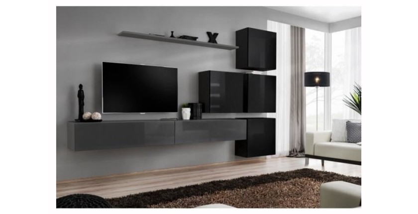 Ensemble meuble salon mural SWITCH IX design, coloris gris et noir brillant.