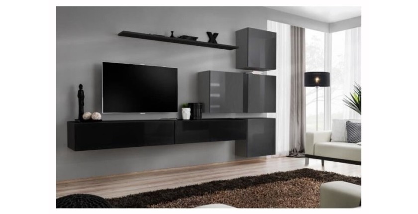 Ensemble meuble salon mural SWITCH IX design, coloris noir et gris brillant.