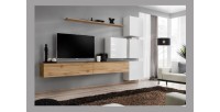 Ensemble meuble salon mural SWITCH IX design, coloris chêne Wotan et blanc brillant.