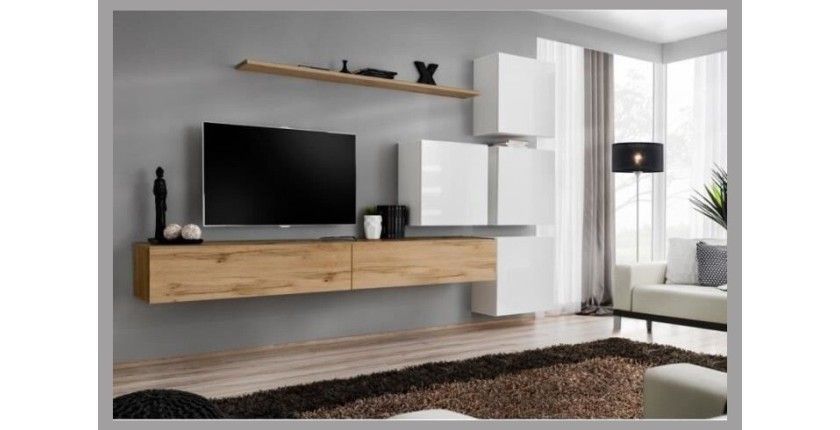 Ensemble meuble salon mural SWITCH IX design, coloris chêne Wotan et blanc brillant.