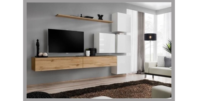 Ensemble meuble salon mural SWITCH IX design, coloris chêne Wotan et blanc brillant.