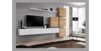 Ensemble meuble salon mural SWITCH IX design, coloris blanc brillant et chêne Wotan.