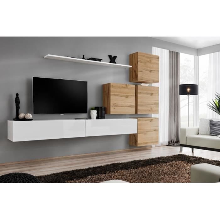 Ensemble meuble salon mural SWITCH IX design, coloris blanc brillant et chêne Wotan.