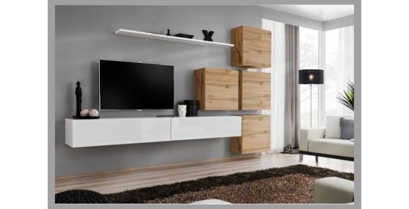 Ensemble meuble salon mural SWITCH IX design, coloris blanc brillant et chêne Wotan.