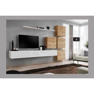 Ensemble meuble salon mural SWITCH IX design, coloris blanc brillant et chêne Wotan.