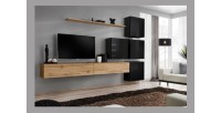 Ensemble meuble salon mural SWITCH IX design, coloris chêne Wotan et noir brillant.