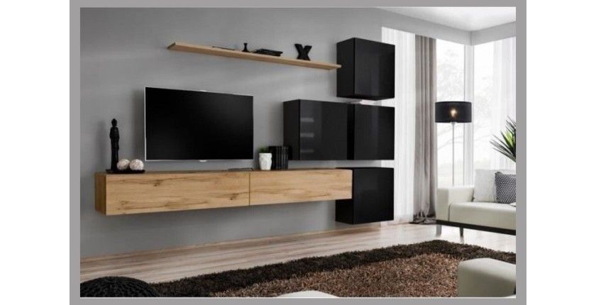 Ensemble meuble salon mural SWITCH IX design, coloris chêne Wotan et noir brillant.